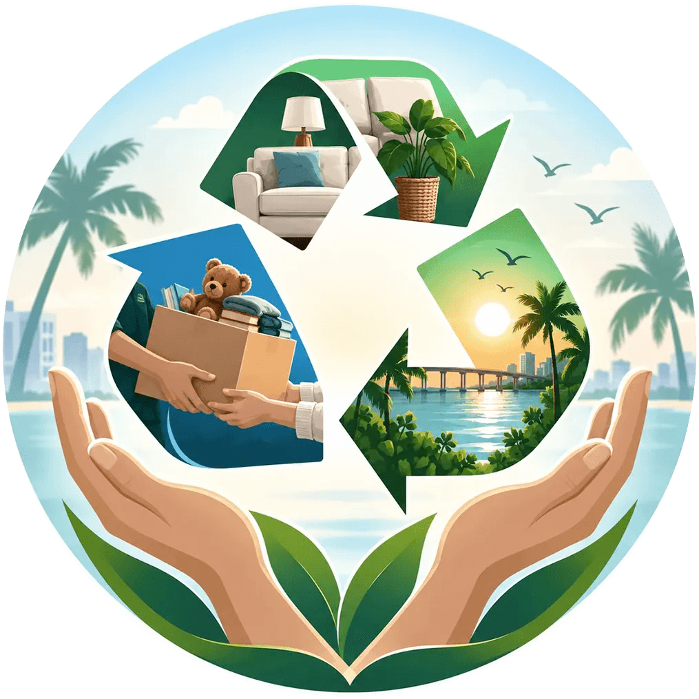 Illustration of open hands holding a recycling symbol with donated furniture, a box of household goods and a Southwest Florida waterfront