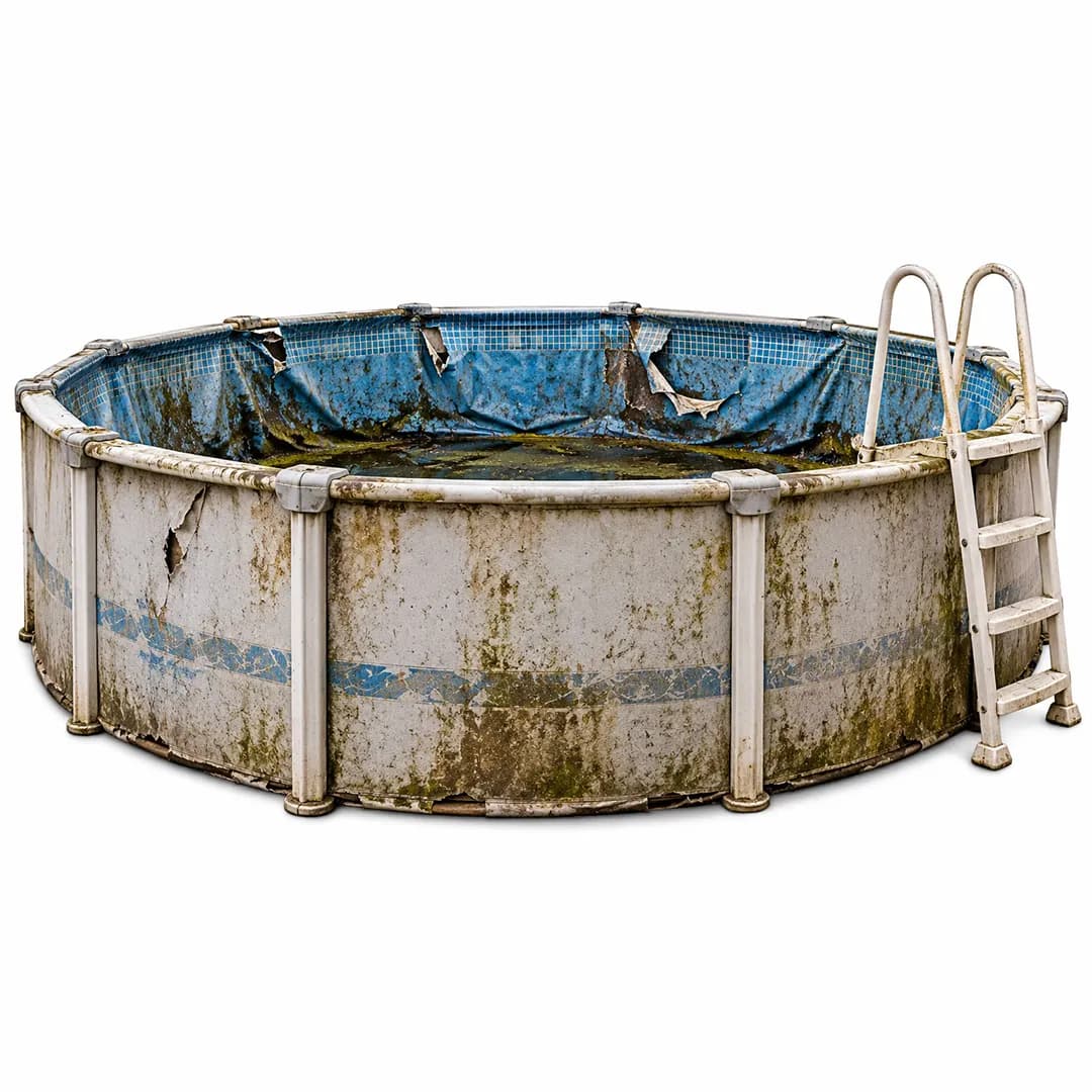 Weathered above-ground pool shell and ladder on a white background