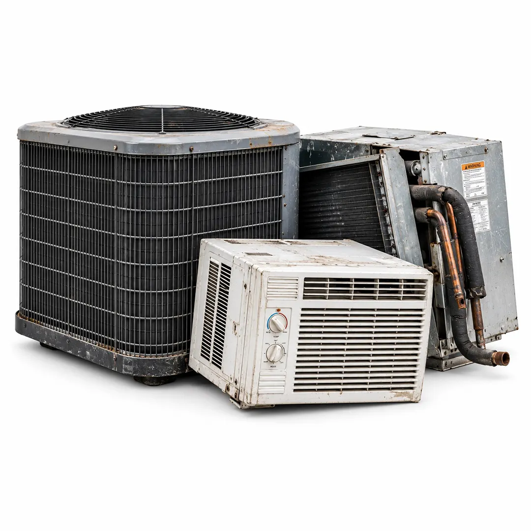 Outdoor condenser, window air conditioner and HVAC components on a white background
