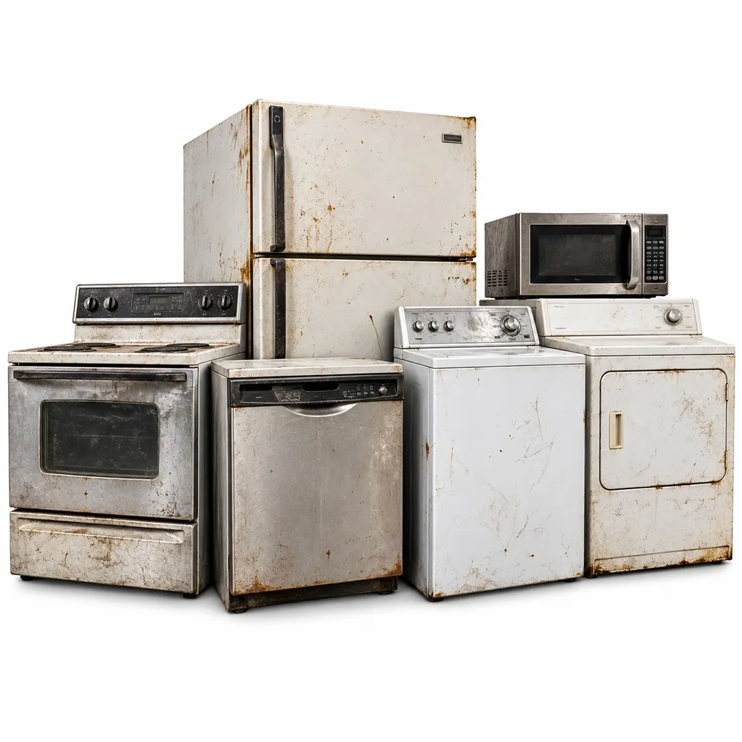 Refrigerator, range, washer, dryer, dishwasher and microwave on a white background