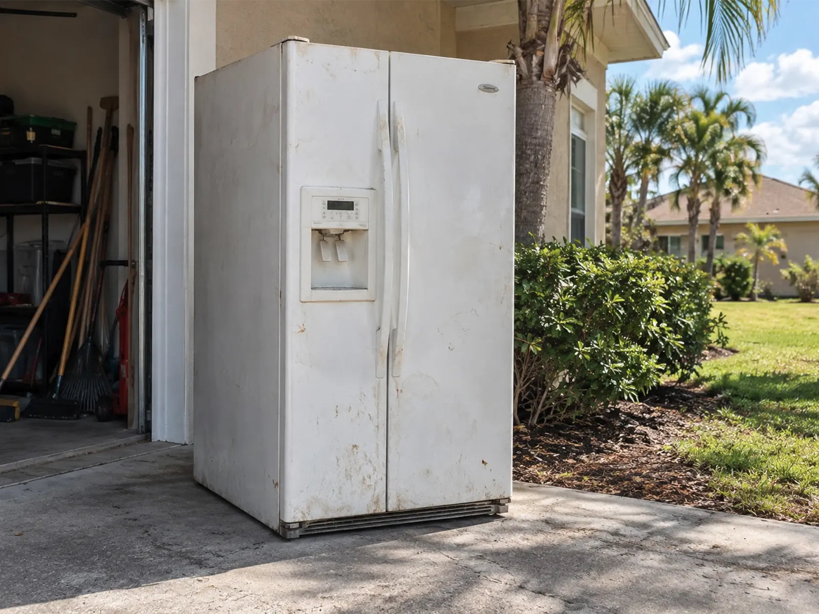 Stained white side-by-side refrigerator on a driveway beside an open garage