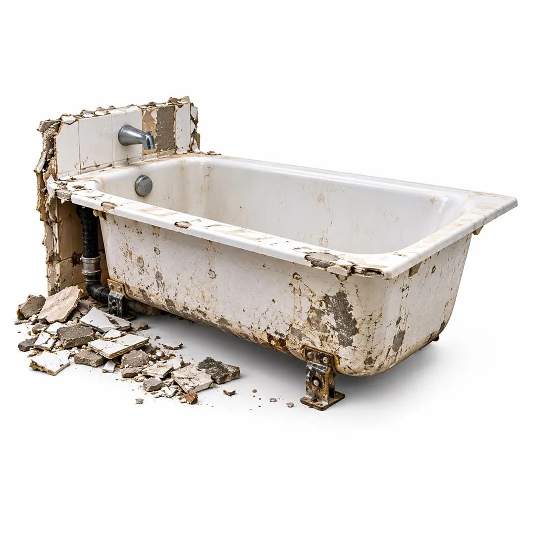 Old white bathtub with exposed plumbing, broken tiles and debris