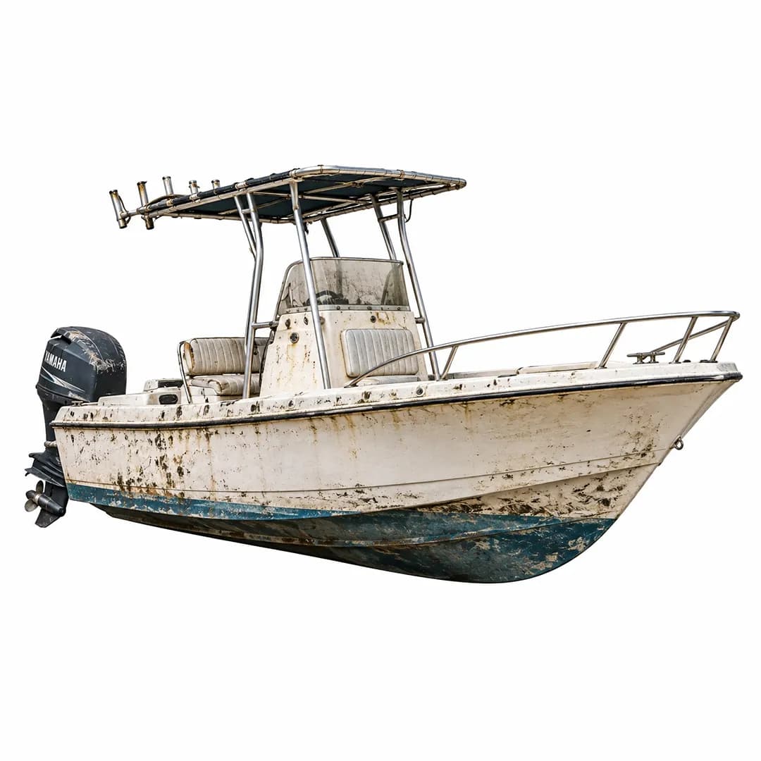 Weathered center-console boat with an outboard motor on a white background