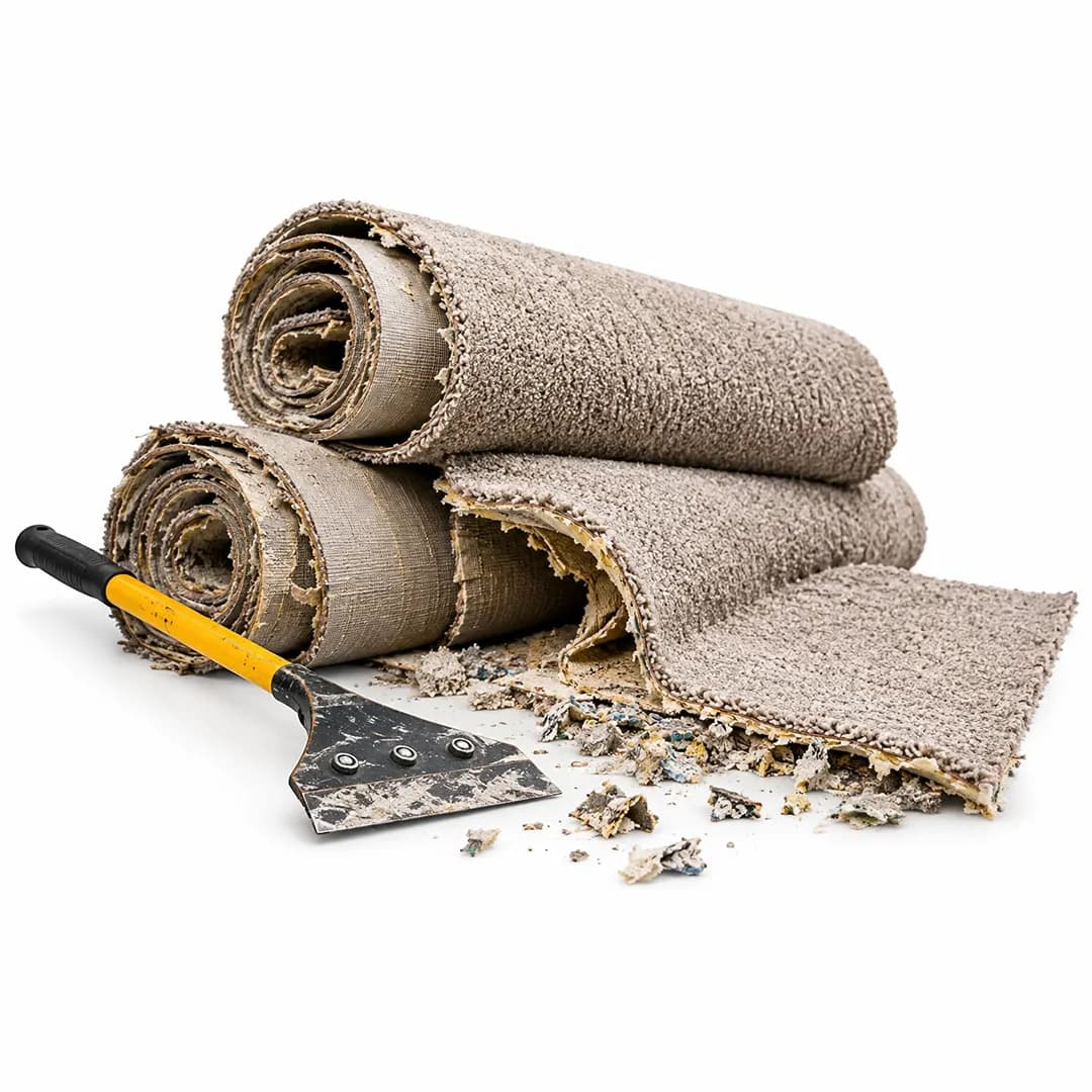 Rolls of worn carpet and torn padding beside a floor scraper