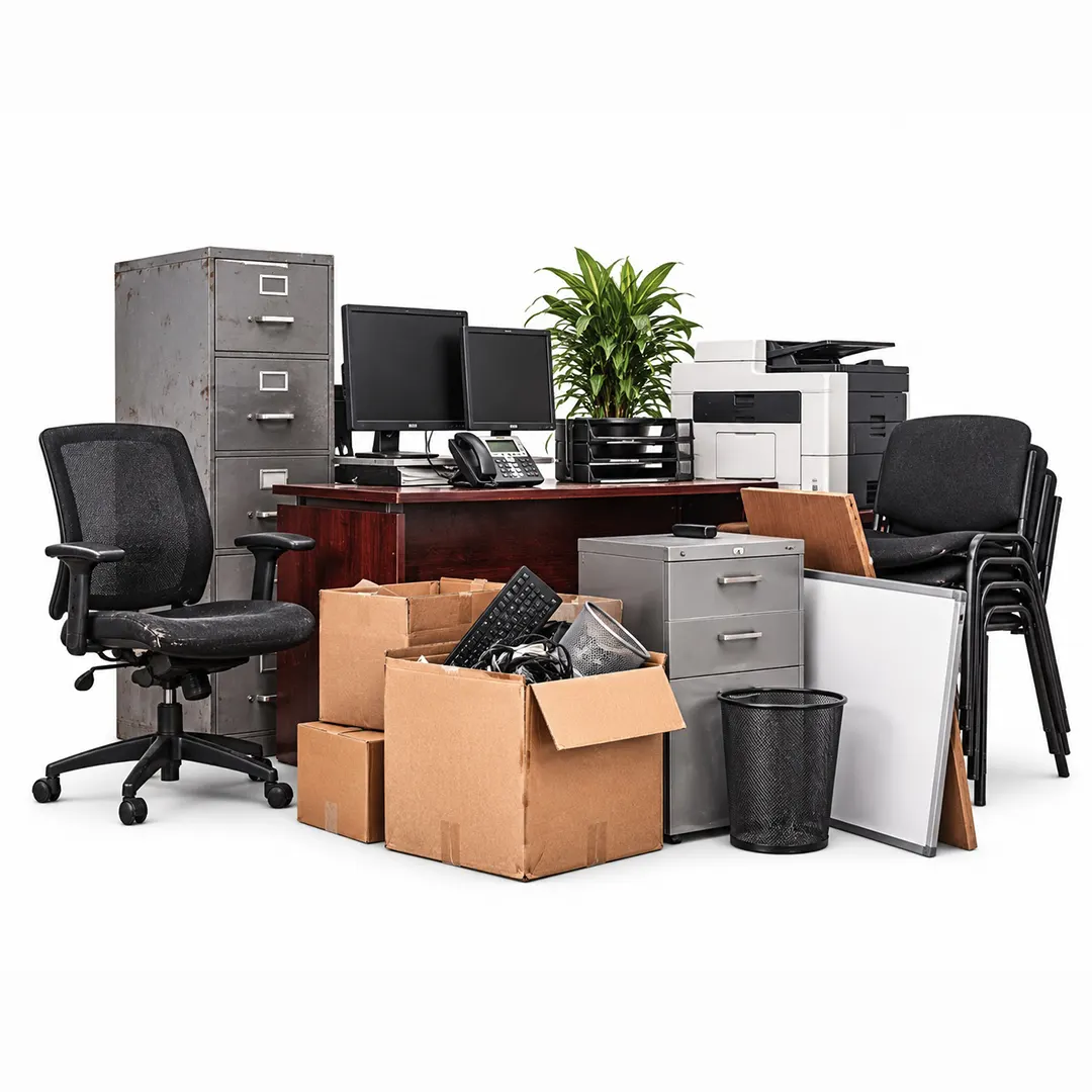 Office desk, filing cabinets, monitors, office chairs, a printer and boxes on a white background