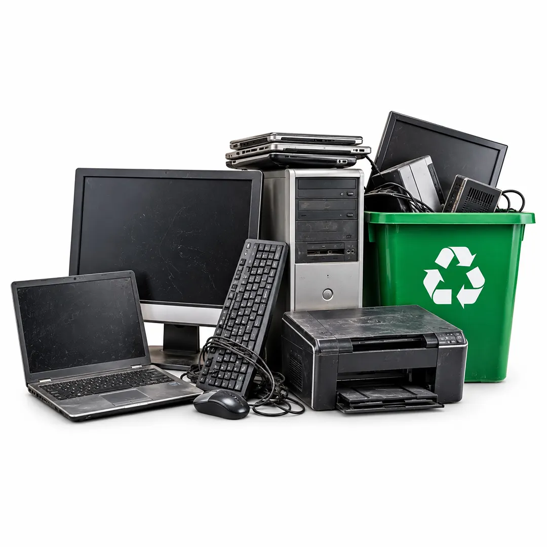 Computers, monitors, printer and a green bin bearing a recycling symbol