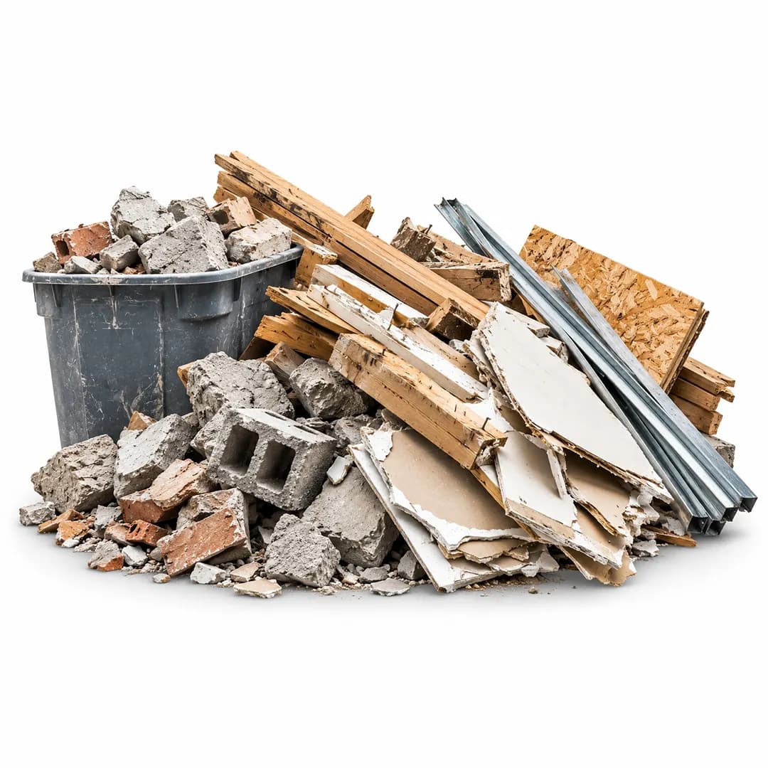 Broken masonry, wood, drywall and a debris bin on a white background