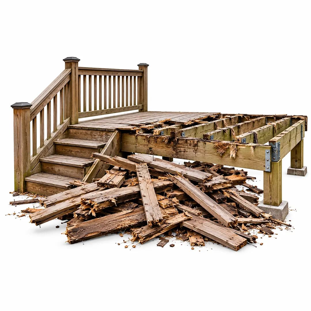 Damaged wooden deck with stairs, railings and a pile of removed boards