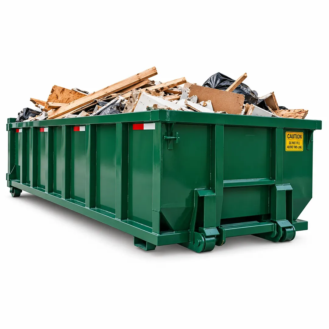 Green roll-off container illustrated with debris extending above the rim