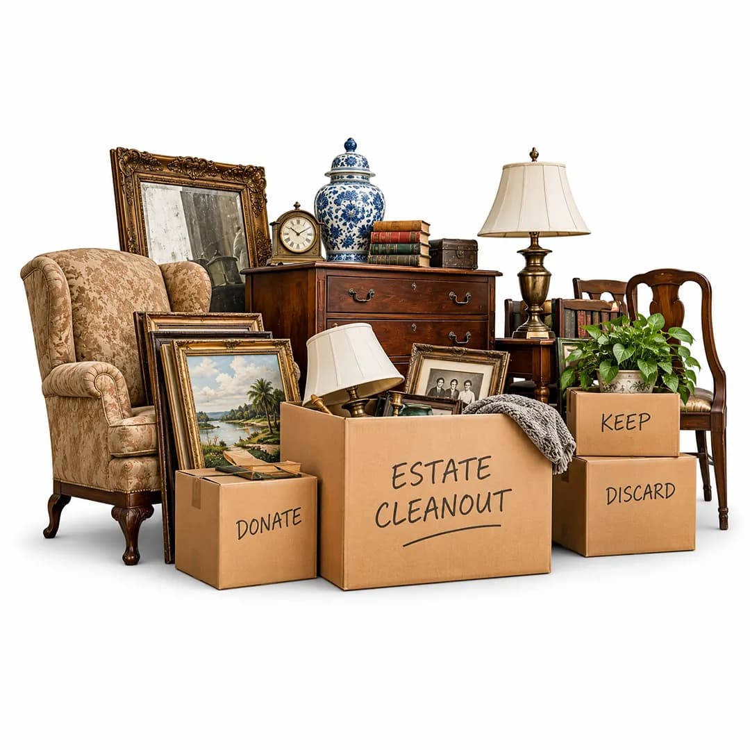 Armchairs, dresser, mirror, lamp and labeled sorting boxes on a white background