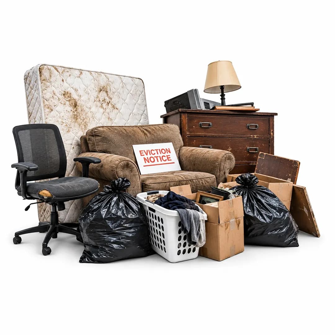 Mattress, chairs, dresser, bags and boxes on a white background