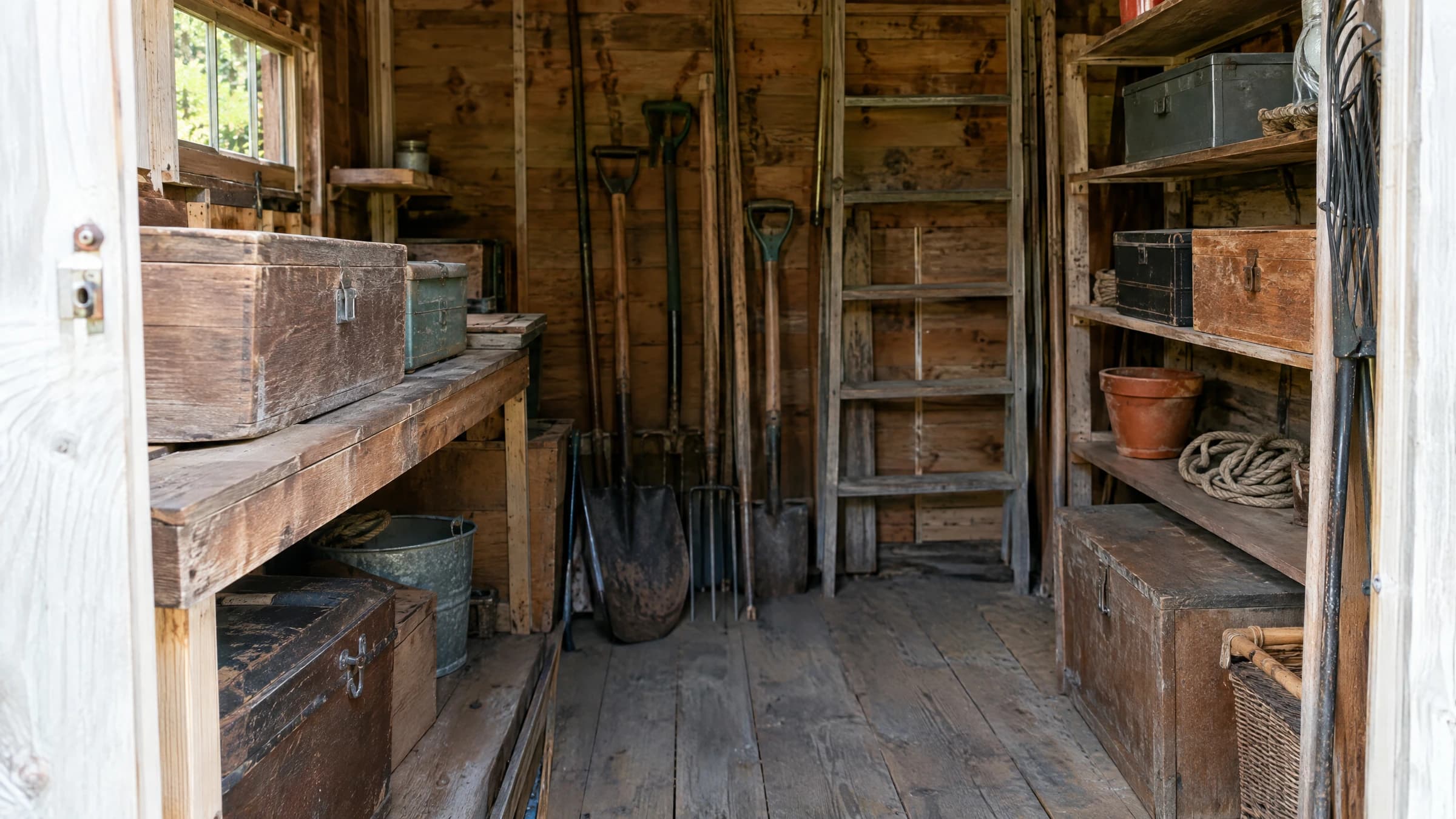 Old tools and boxes inside a small shed that remains standing.