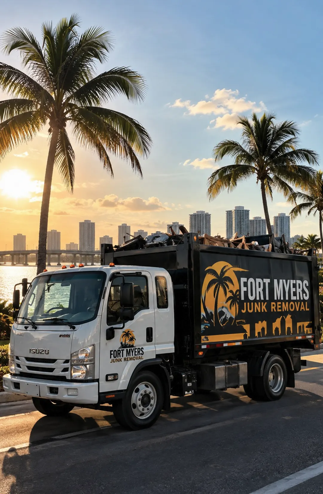 Fort Myers Junk Removal truck beside a palm-lined waterfront.