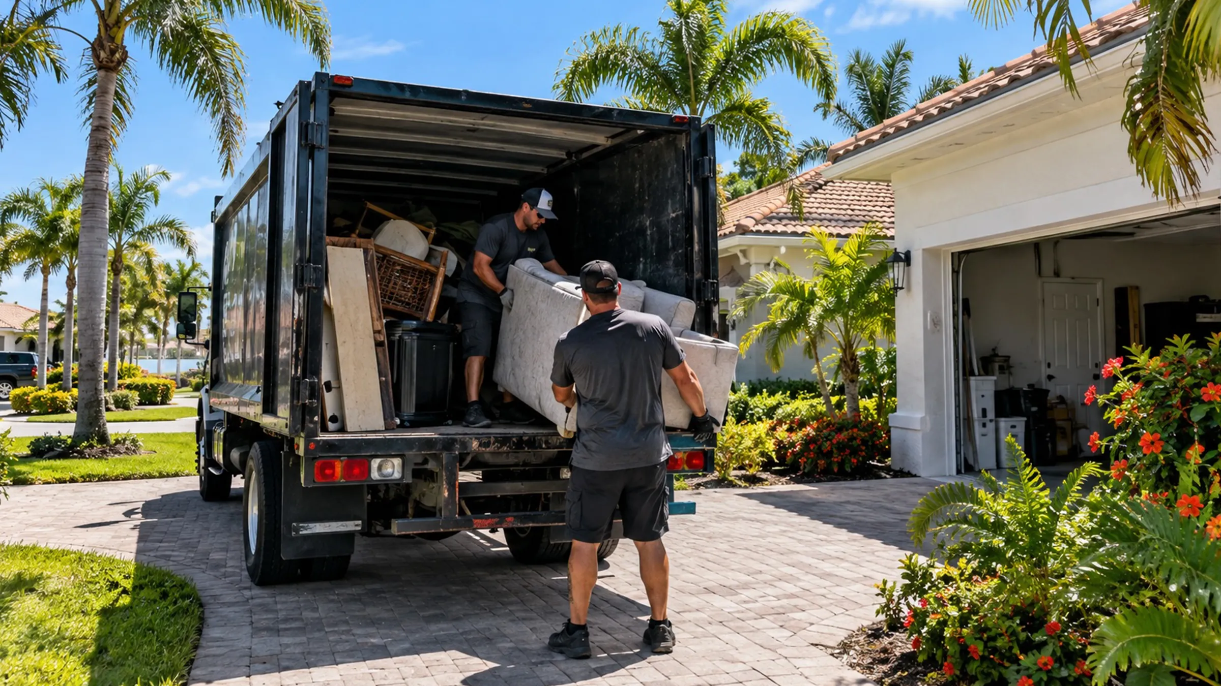 Two workers loading upholstered furniture into an open truck beside a house.