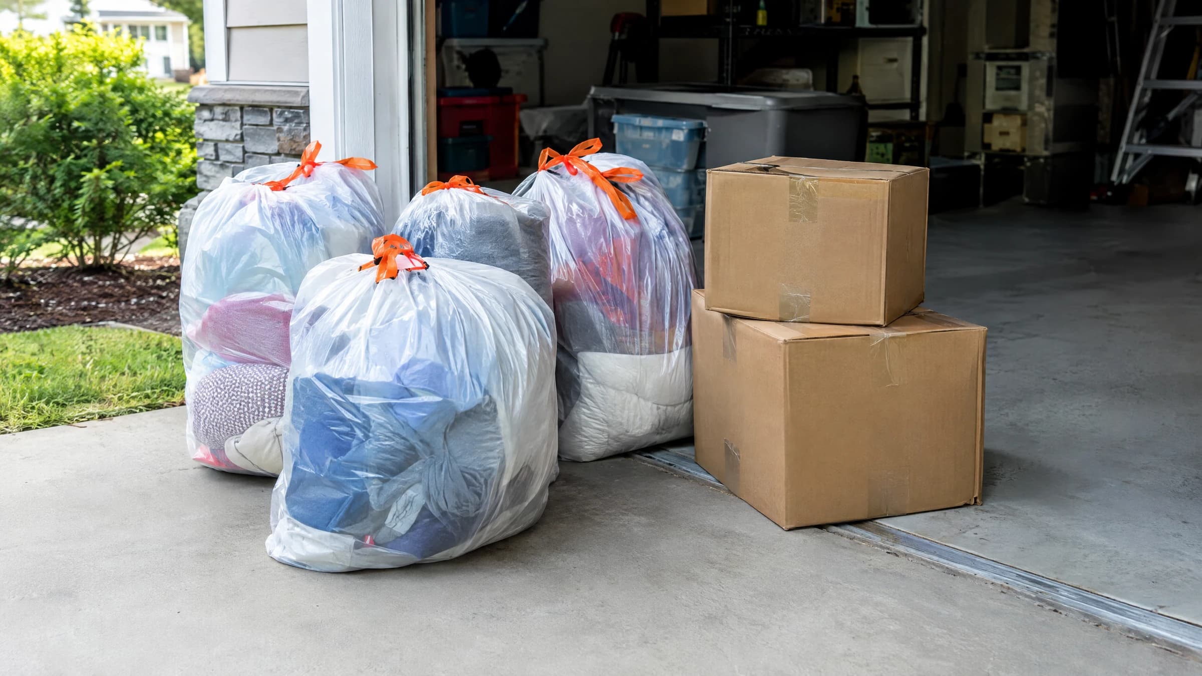Closed bags and boxes of household contents beside a clear garage doorway.