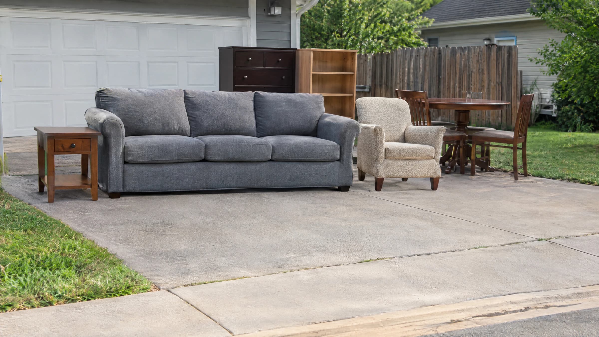 Household furniture on a private driveway, clear of the sidewalk and roadway.