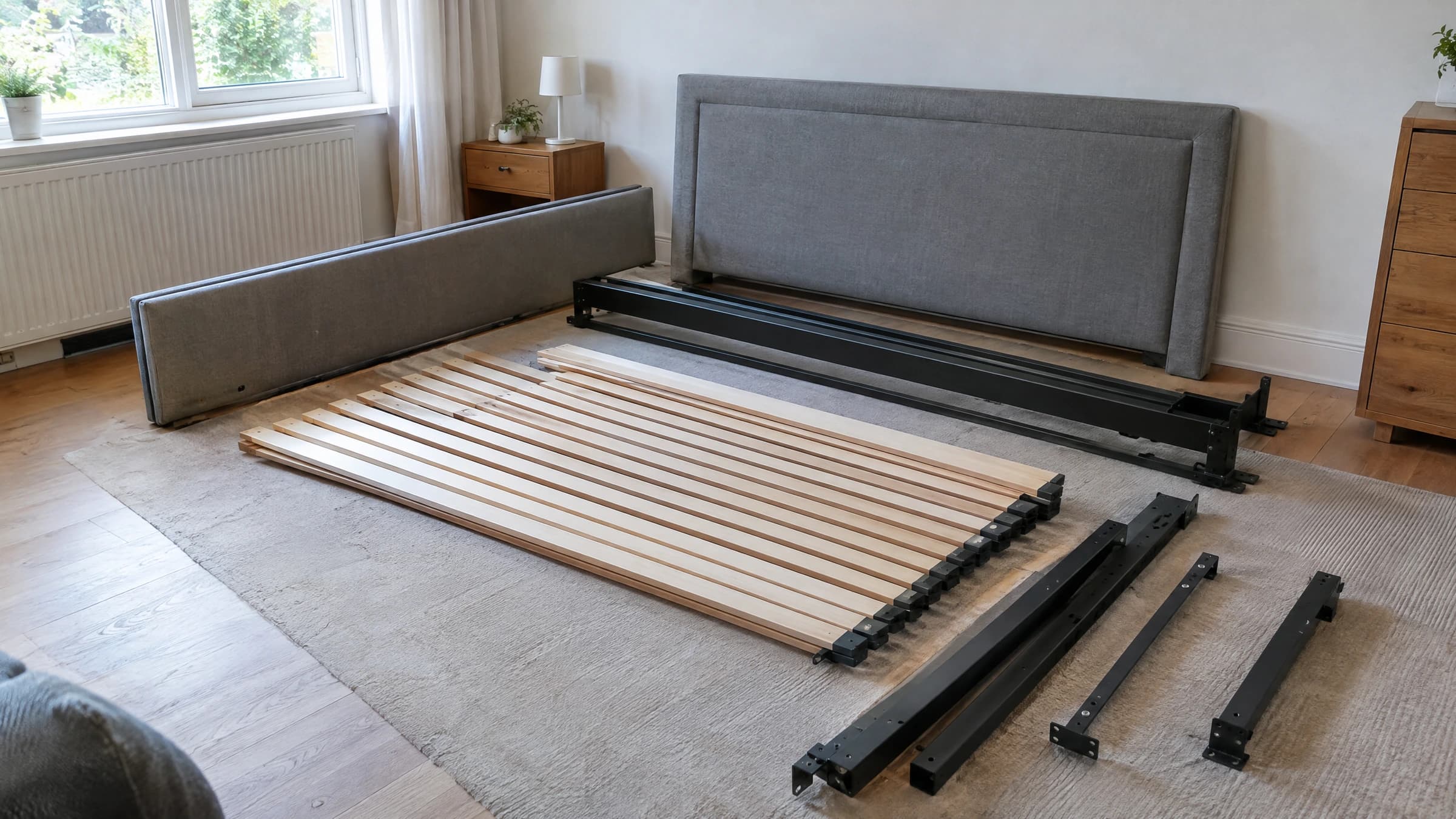 A dismantled bed frame with rails and slats grouped on a bedroom floor.