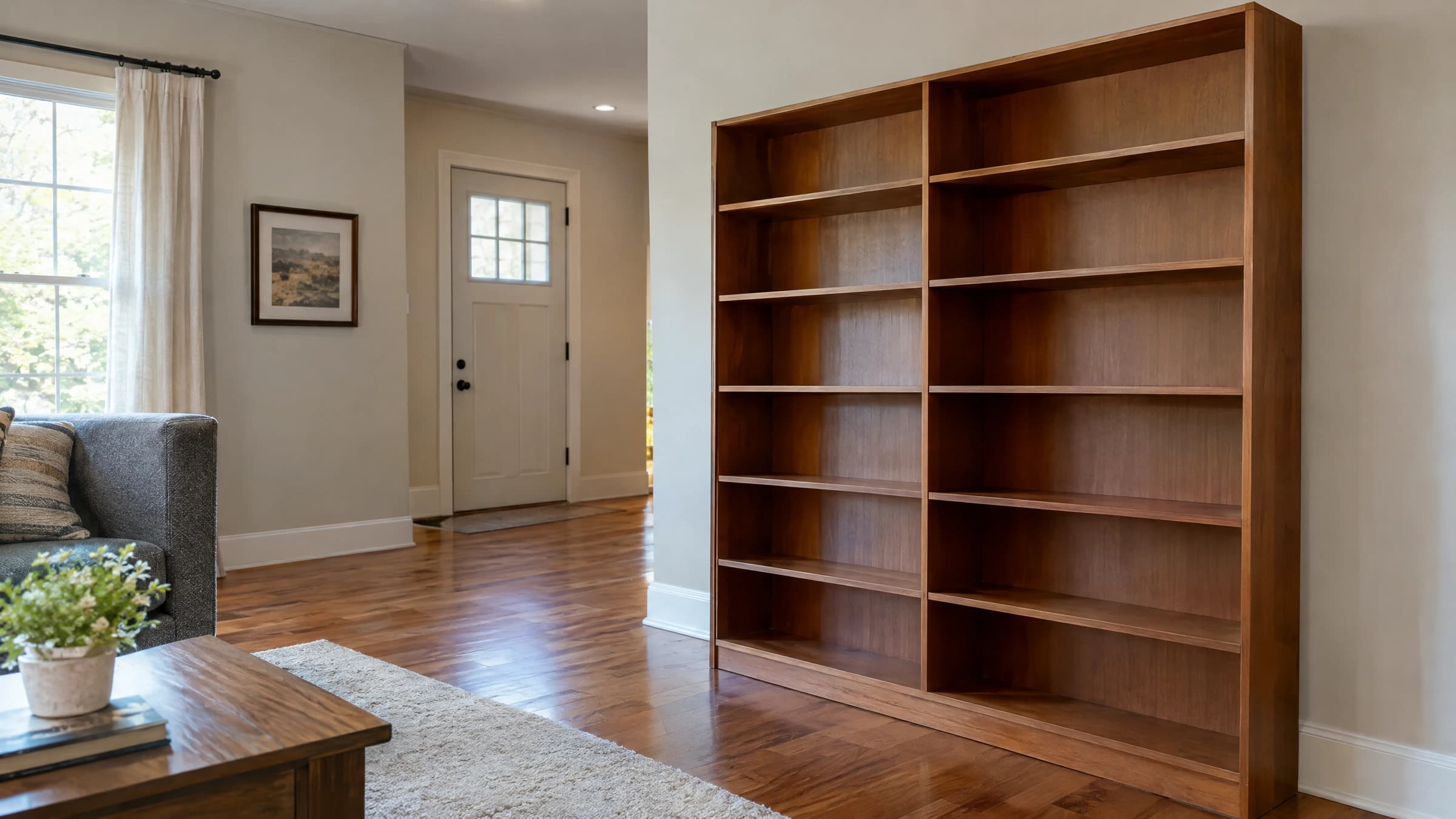 An empty bookcase in an ordinary living room with a clear route to the door.