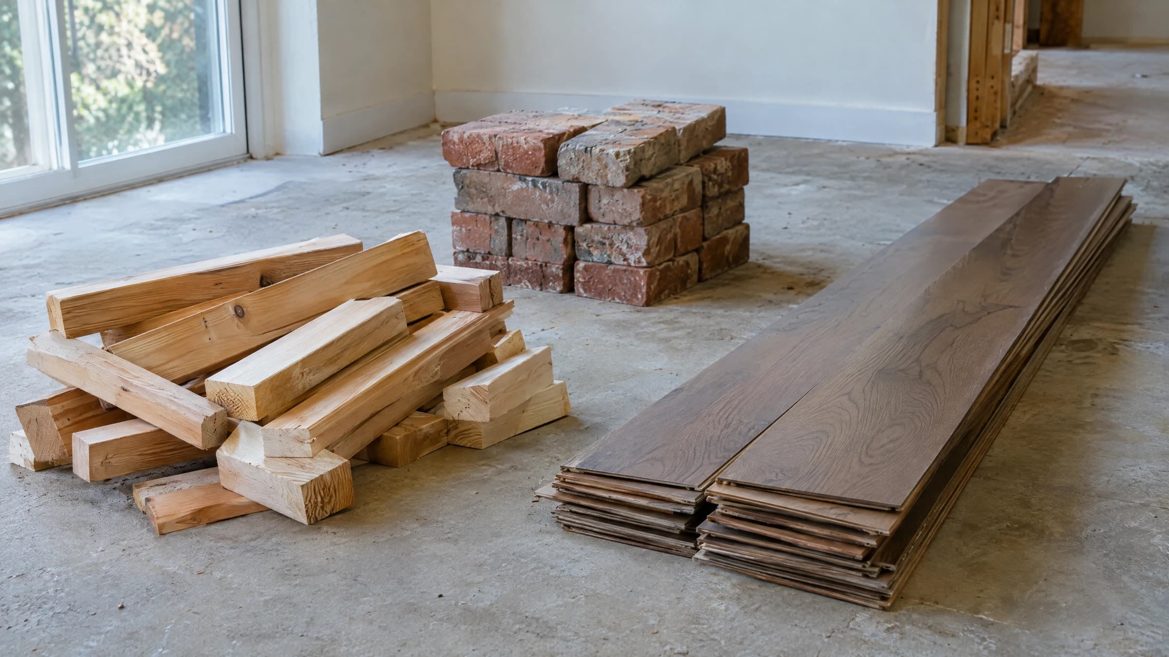 Short lumber offcuts, loose flooring boards and a small stack of bricks separated on a dry renovation staging floor.