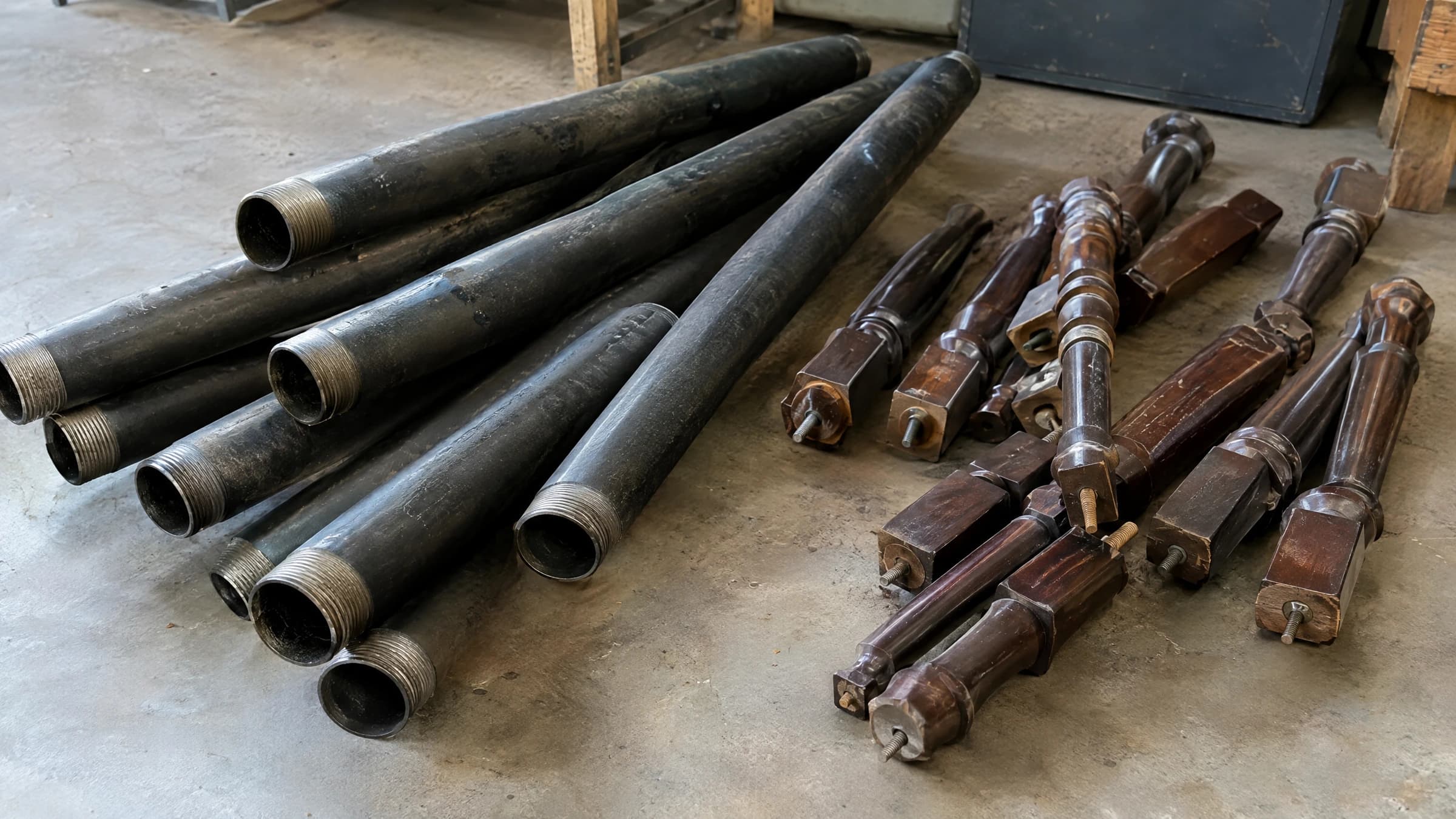 Loose cast-iron pipe sections and detached furniture legs grouped on a workshop floor.