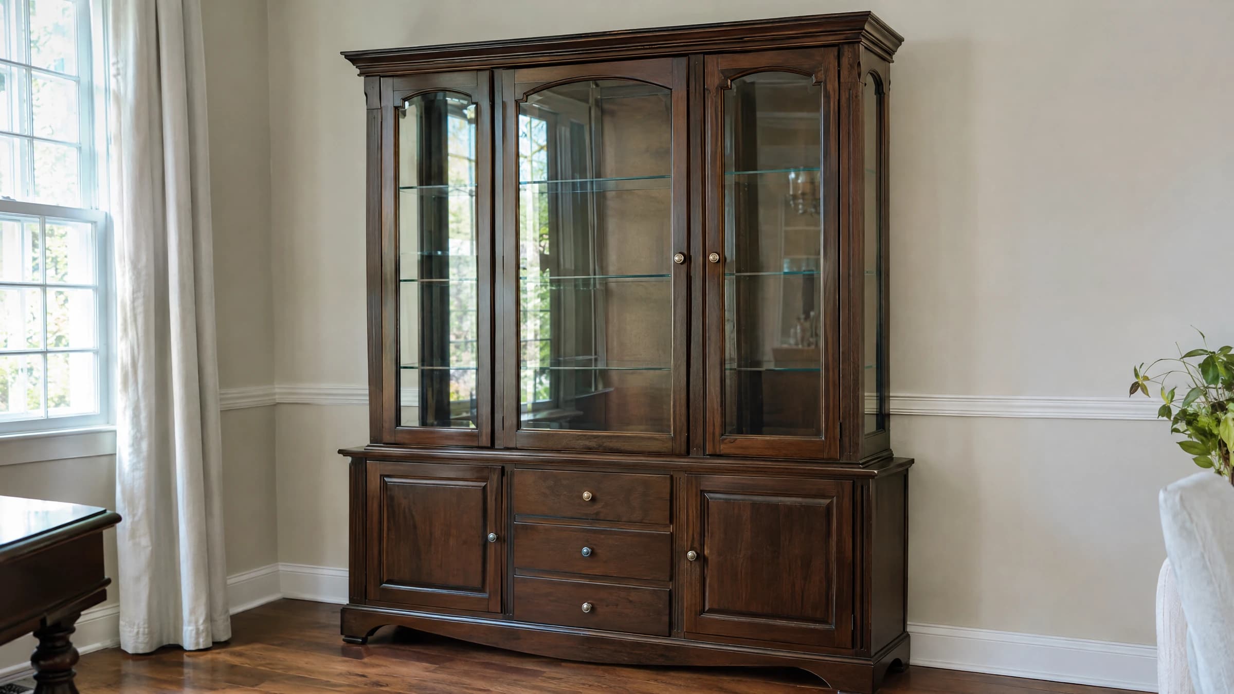 An empty china cabinet against a dining-room wall.