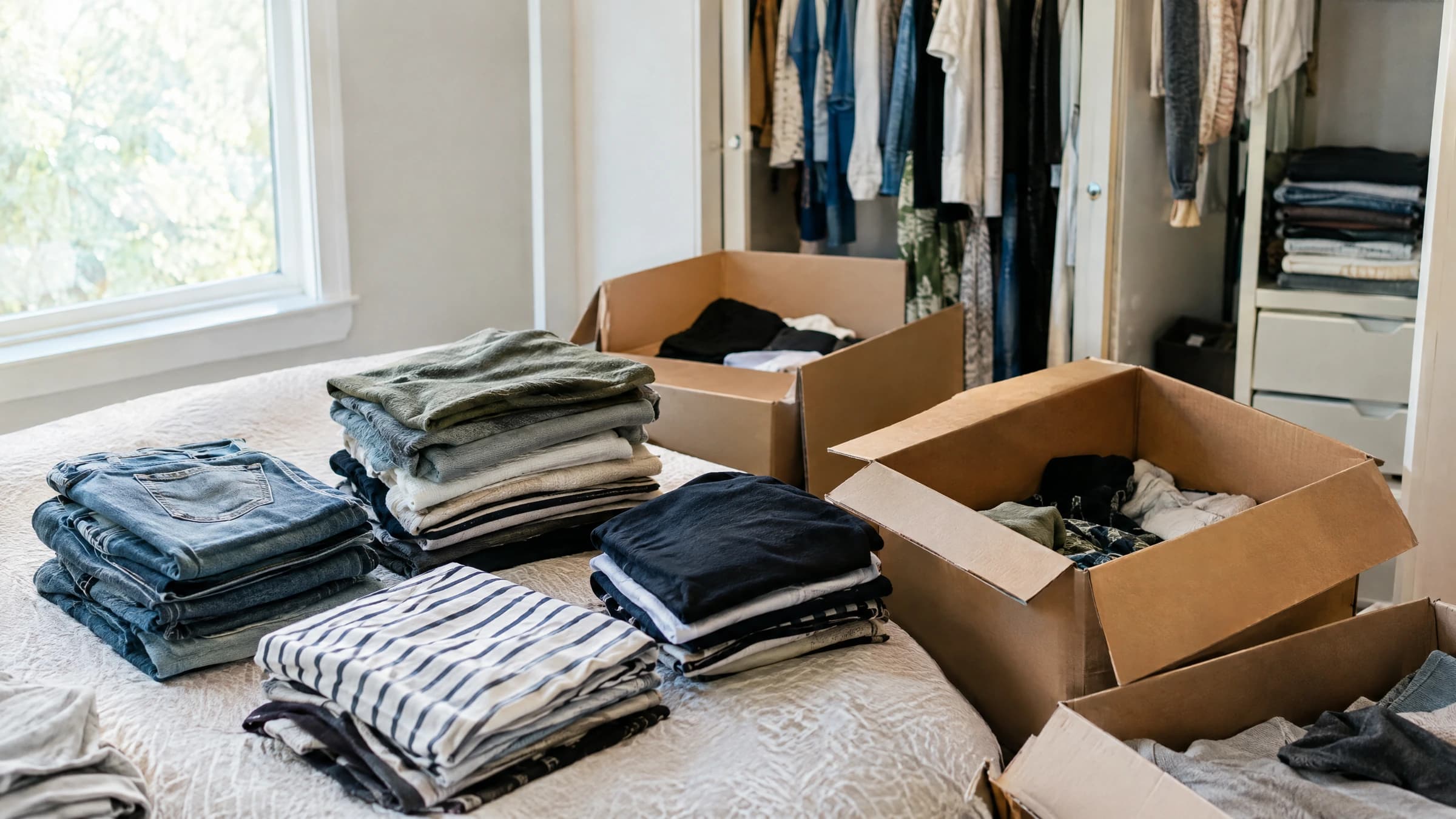 Folded clothing and open clothing boxes beside a bedroom closet.