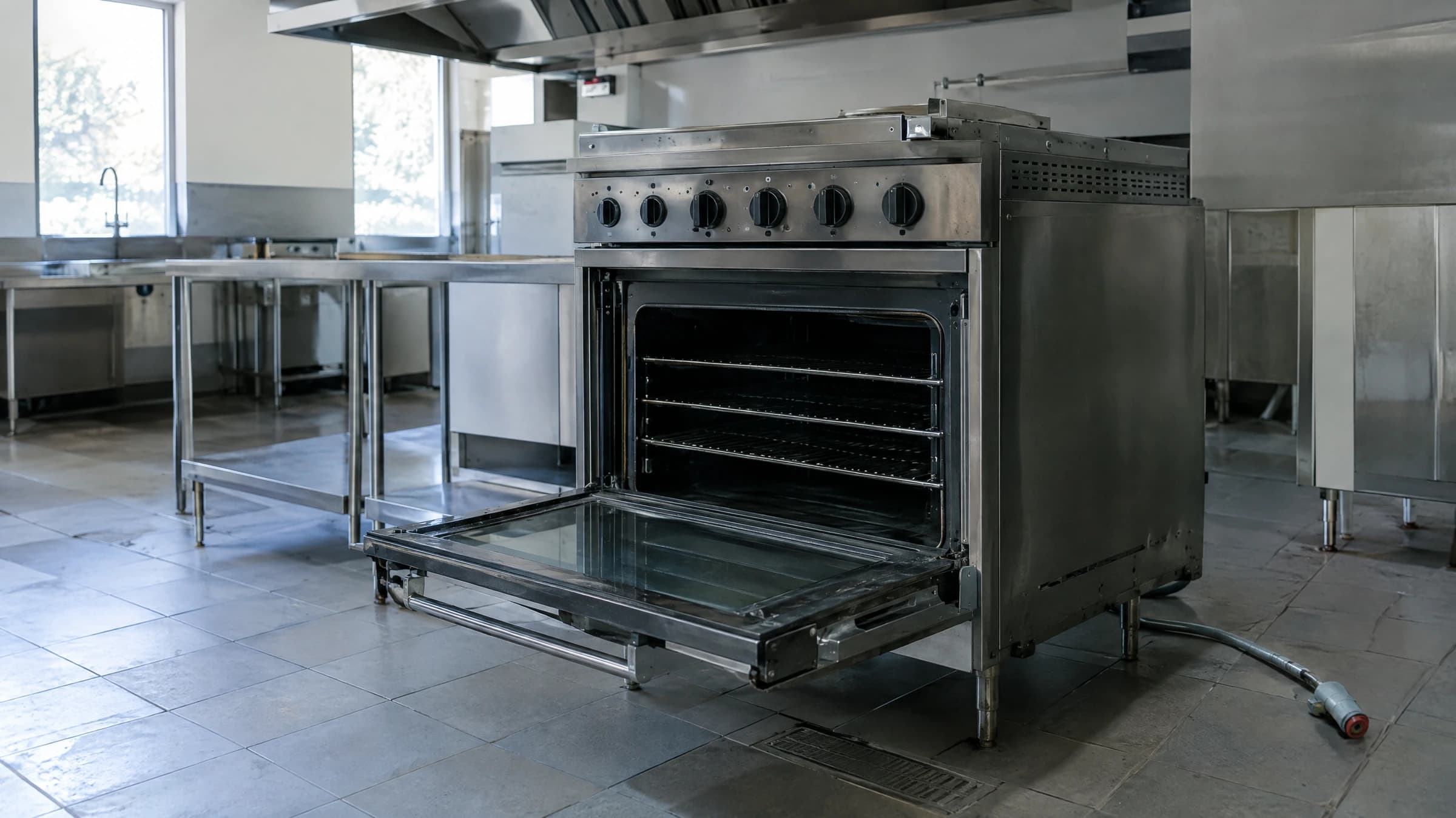 A disconnected commercial oven in a vacant restaurant kitchen.