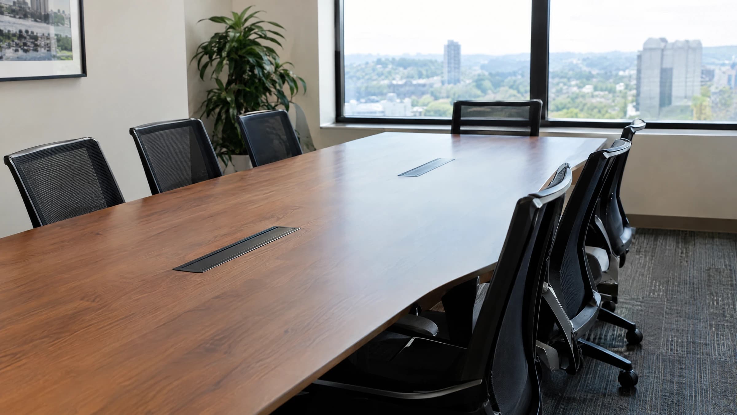 Conference table in a vacant office.