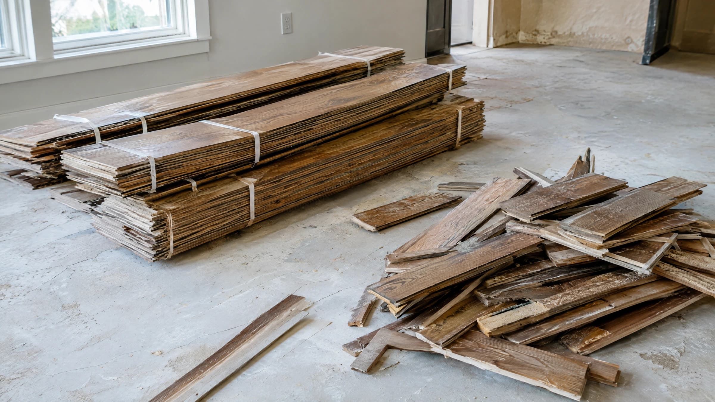 Bundled removed flooring boards and loose offcuts on a dry renovation staging floor.