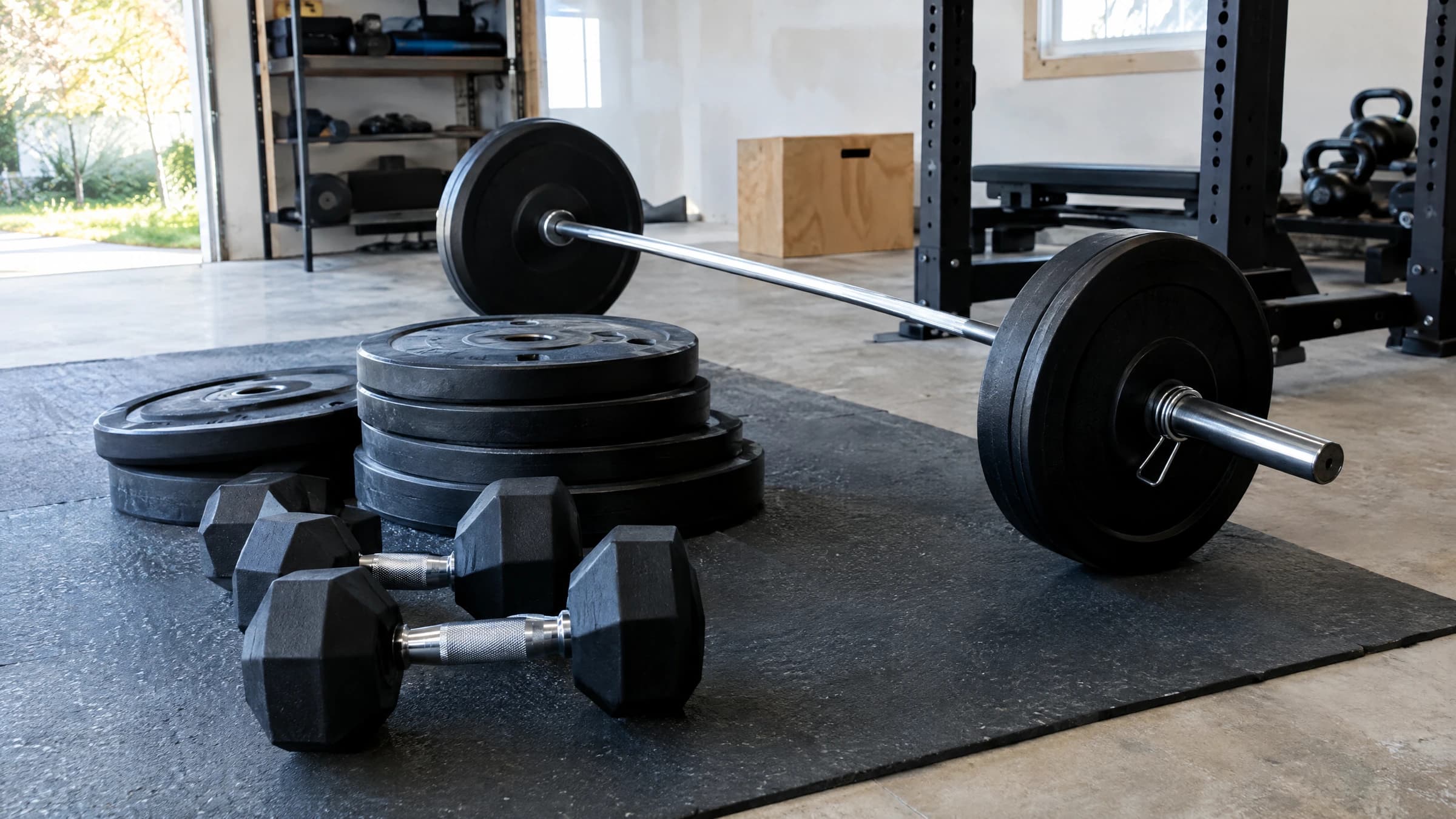 Dumbbells, weight plates and a barbell grouped securely on rubber mats in a garage gym.