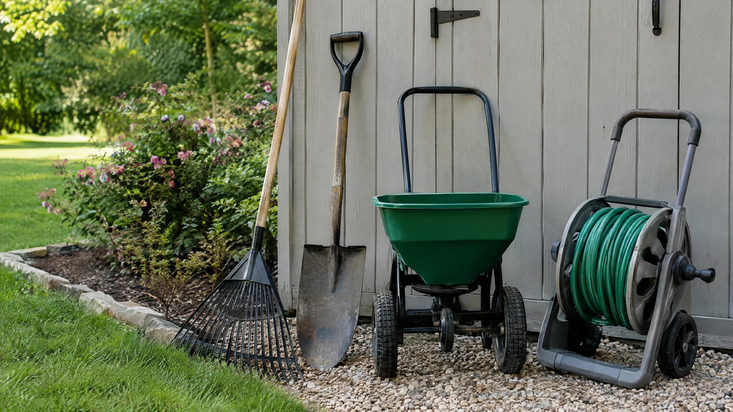 A garden rake, shovel, empty spreader and hose reel grouped beside a garden shed.
