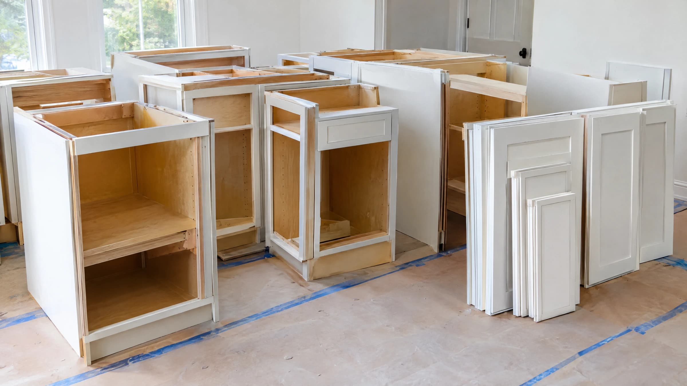 Detached empty kitchen cabinet boxes and doors grouped on a protected renovation staging floor.