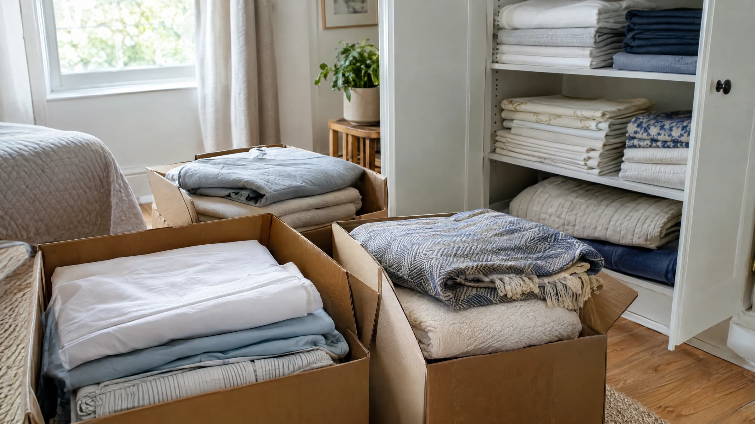 Folded sheets, blankets and bedding in open boxes beside a bedroom linen cupboard.