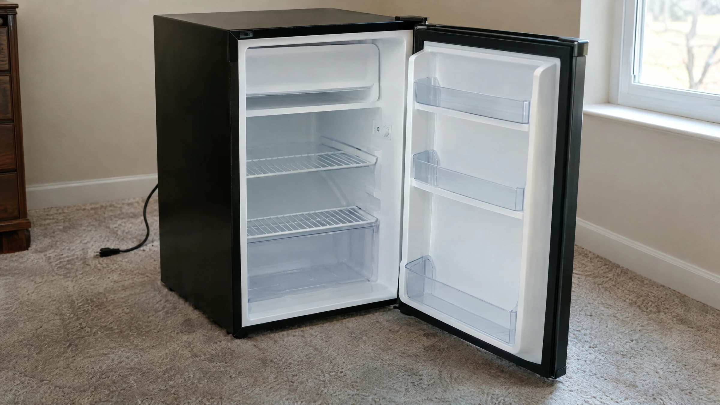 An unplugged empty mini fridge on the floor of a spare room.