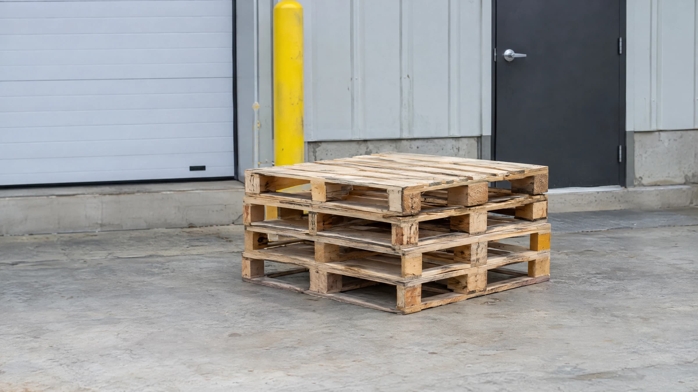 A small stack of empty wooden pallets in a commercial loading bay.