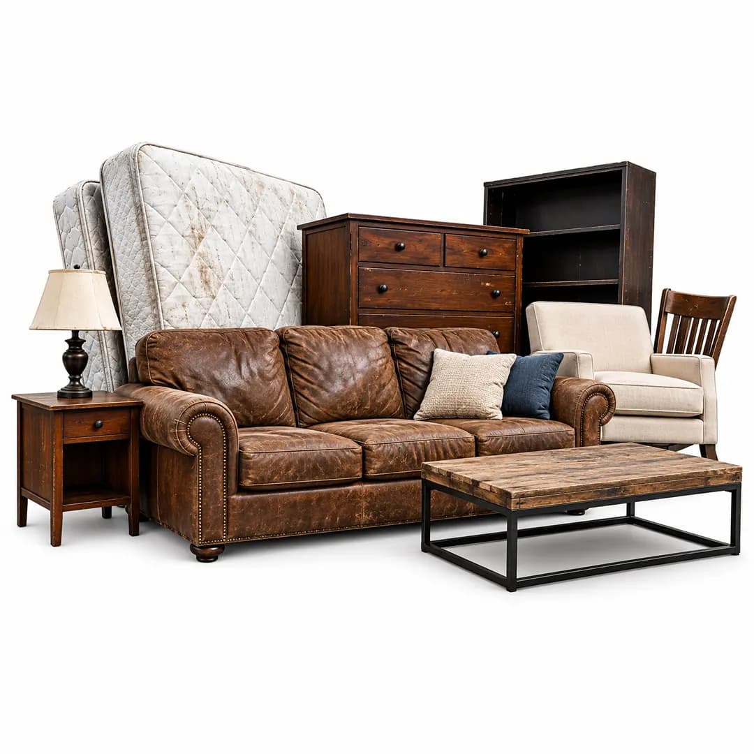 Sofa, chairs, mattress, dresser, bookcase and tables on a white background