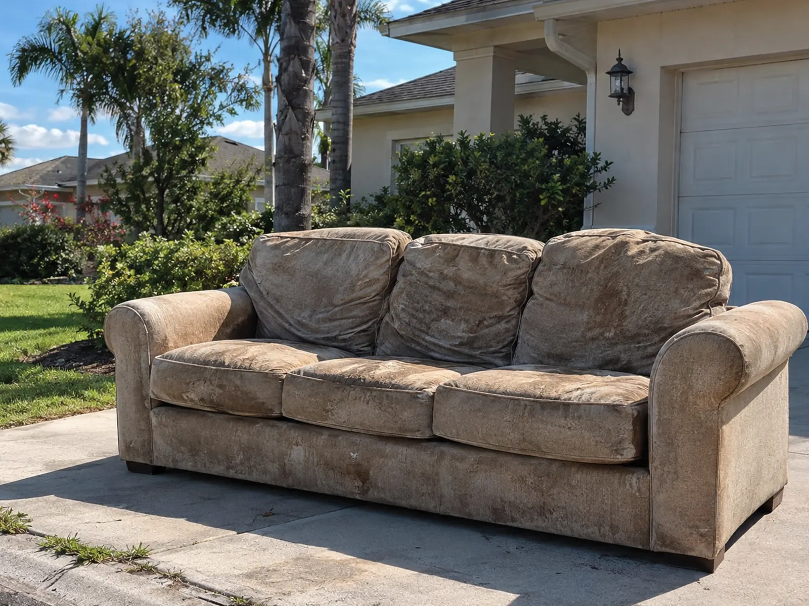 Worn, stained three-seat sofa on a driveway in front of a stucco home with palm trees