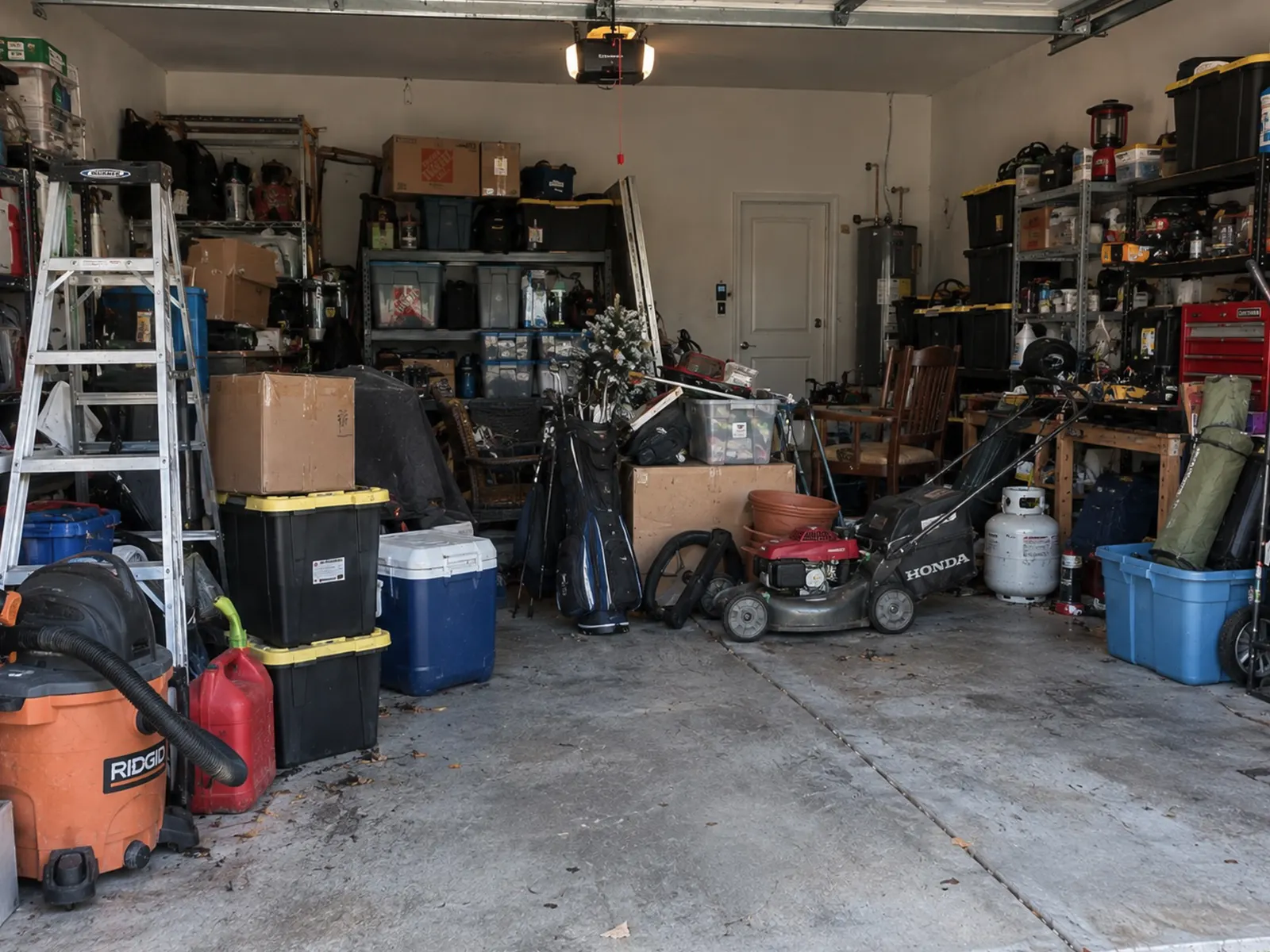 Cluttered garage packed with storage bins, boxes, shelving, a ladder and a lawn mower