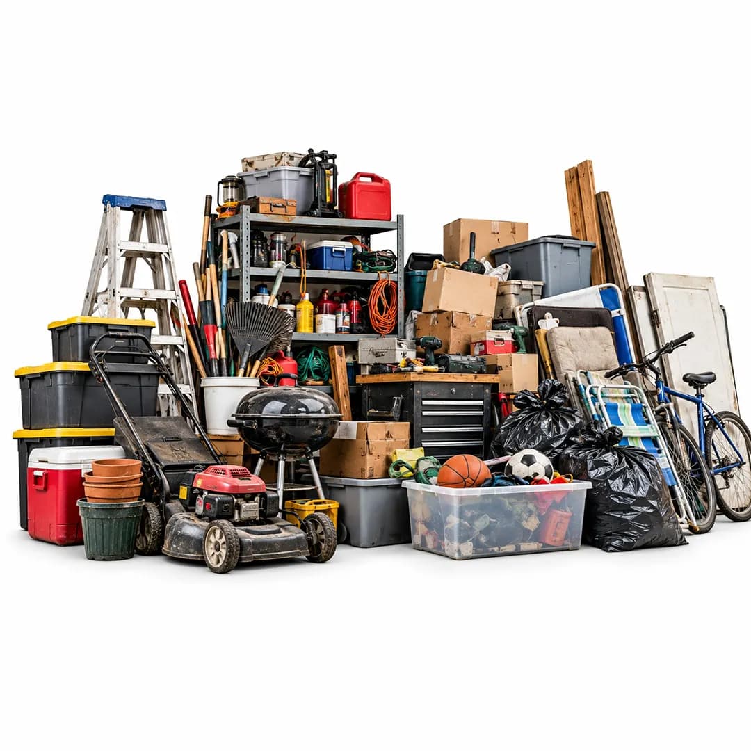 Tools, ladder, mower, bins, boxes and storage containers on a white background