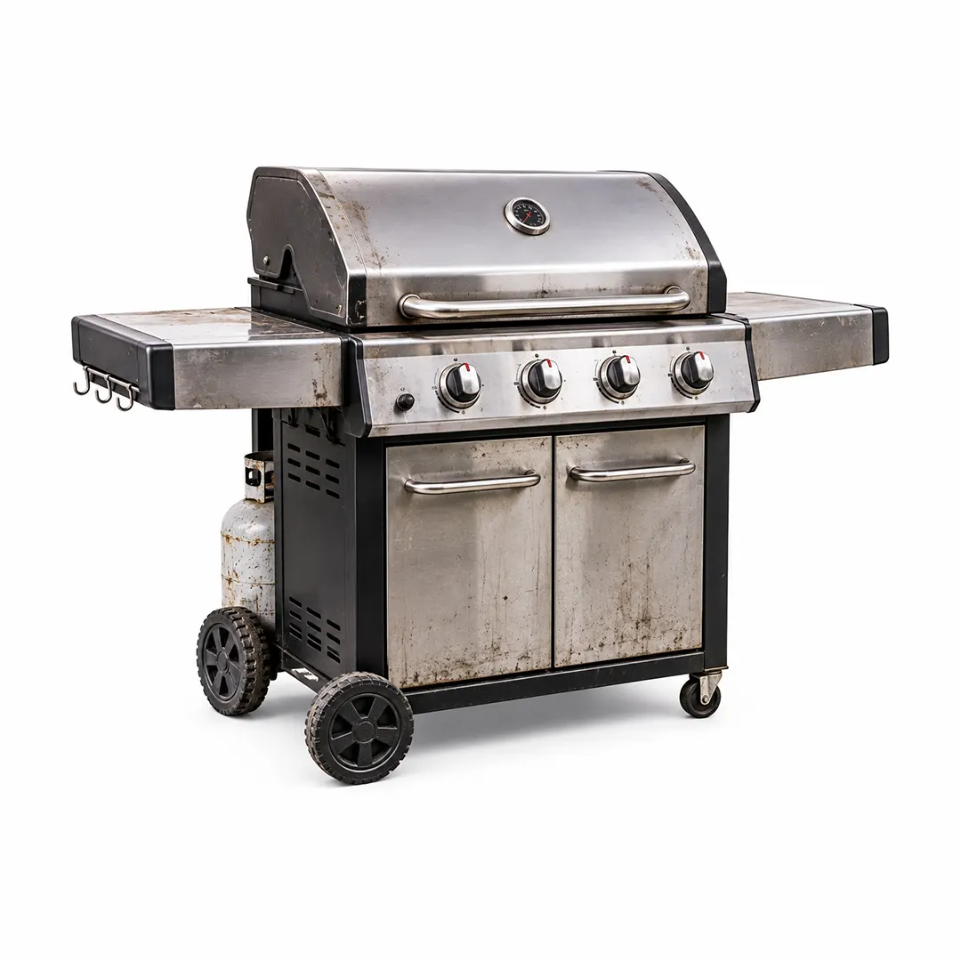 Weathered freestanding gas grill on a white background