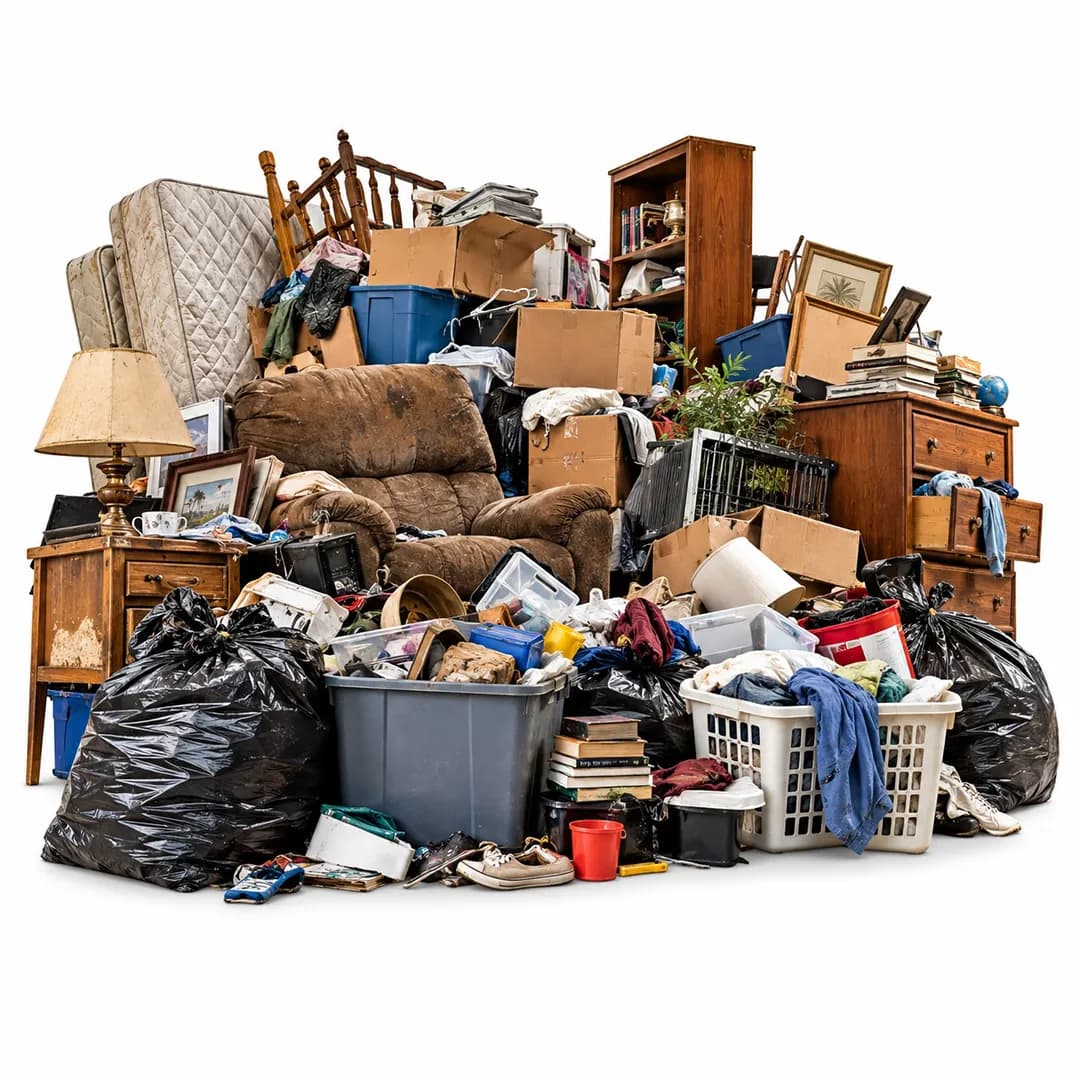 Pile of furniture, bags, boxes, clothing and containers on a white background