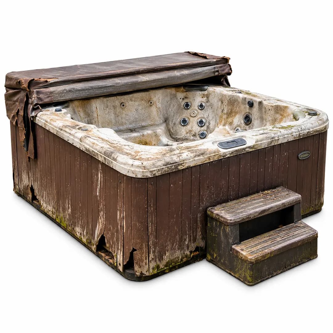 Weathered square hot tub with steps on a white background