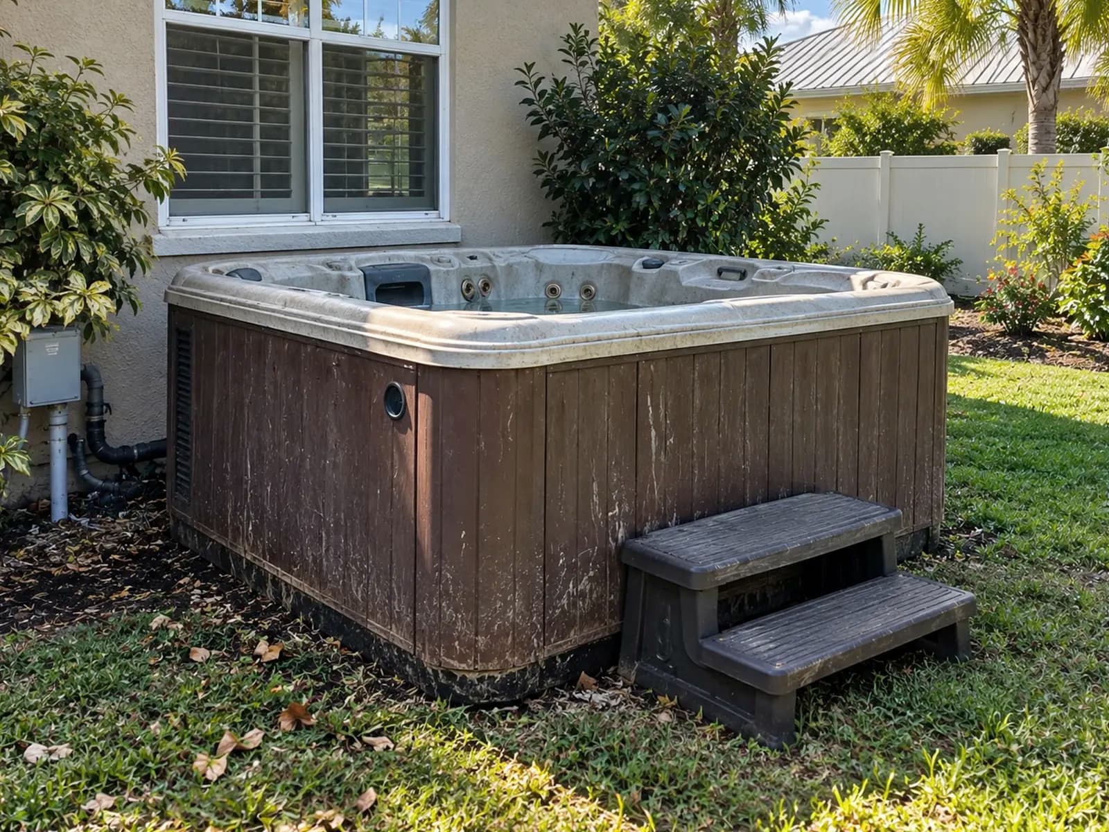 Weathered hot tub with worn brown side panels and steps on a lawn beside a house