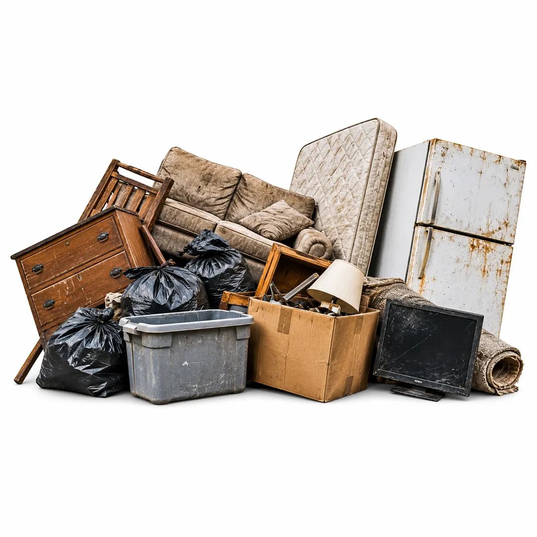 Furniture, appliances, bags, boxes and a television grouped on a white background