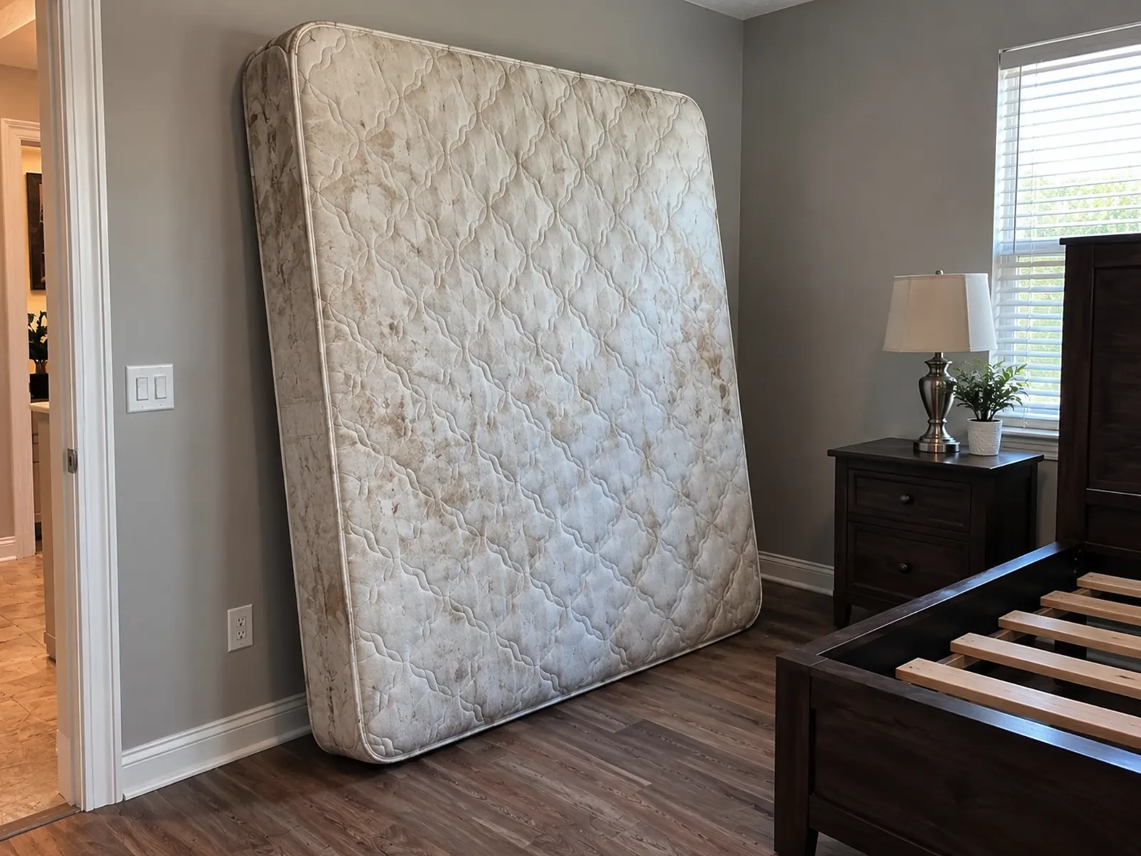Stained mattress propped against a bedroom wall beside an empty wooden bed frame