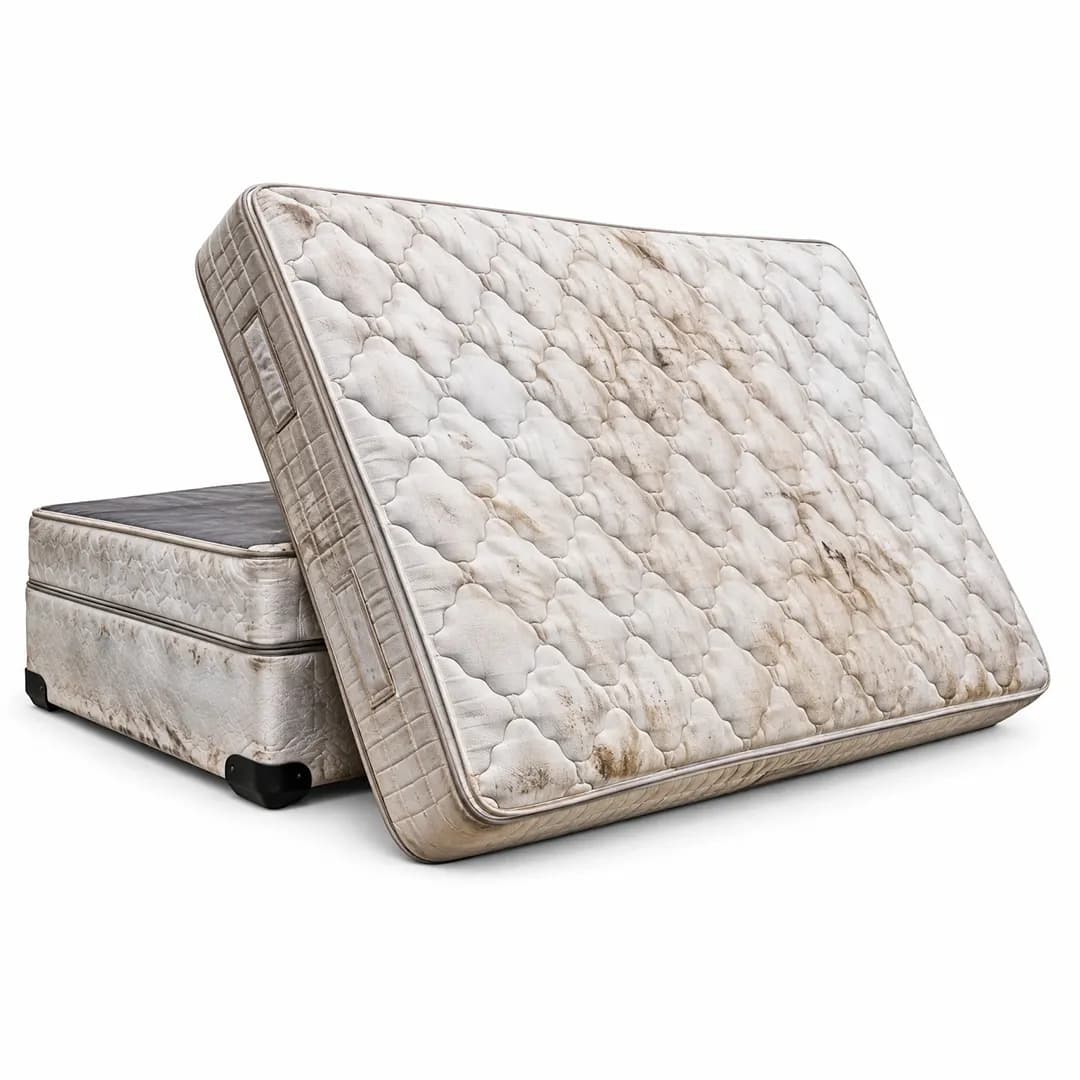 Used mattress leaning against a box spring on a white background