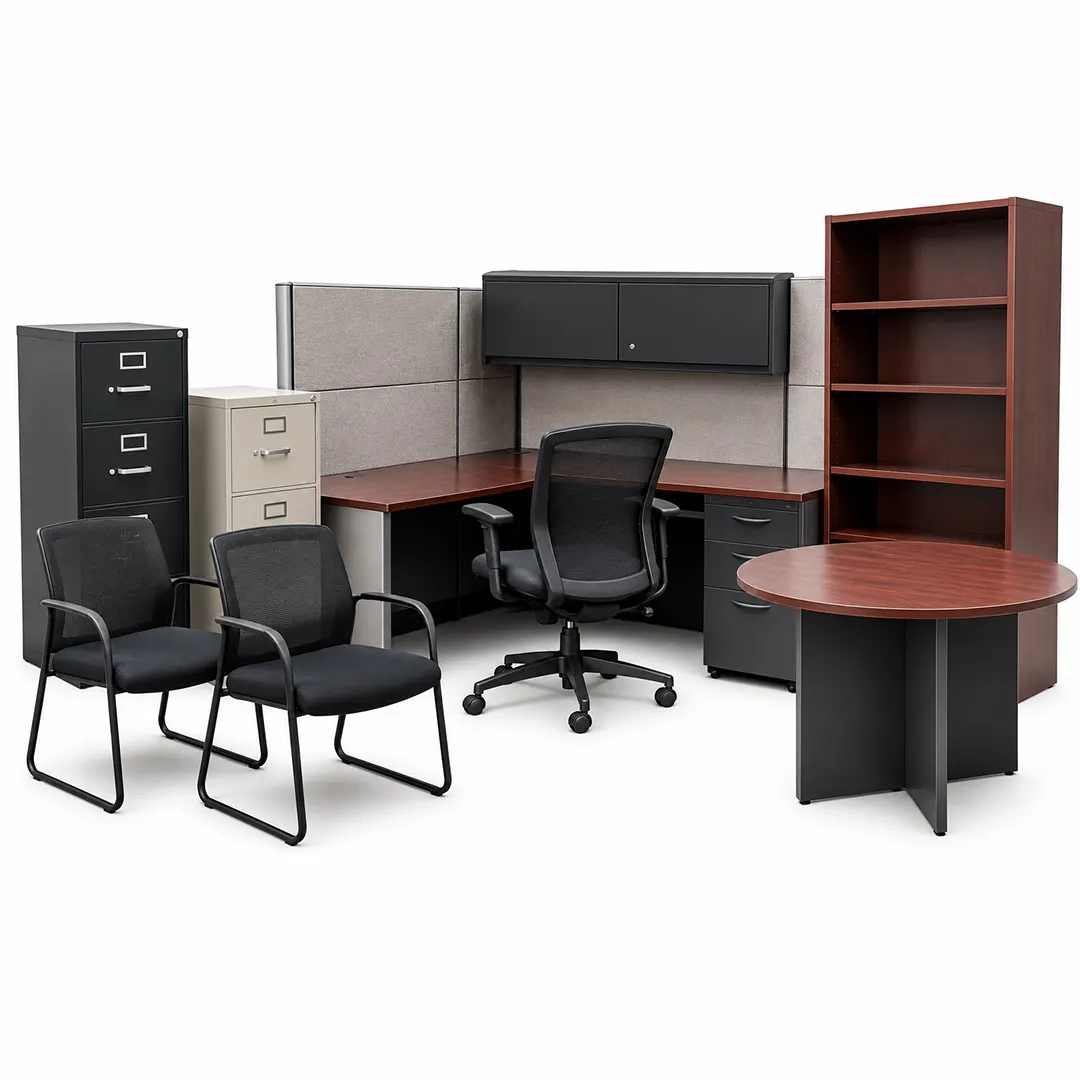 Desks, chairs, filing cabinets, cubicle panels and shelving on a white background