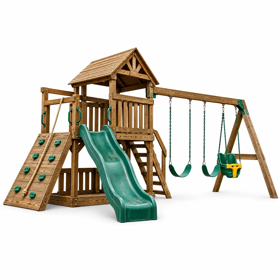 Wooden backyard playset with a green slide, swings and climbing ramp