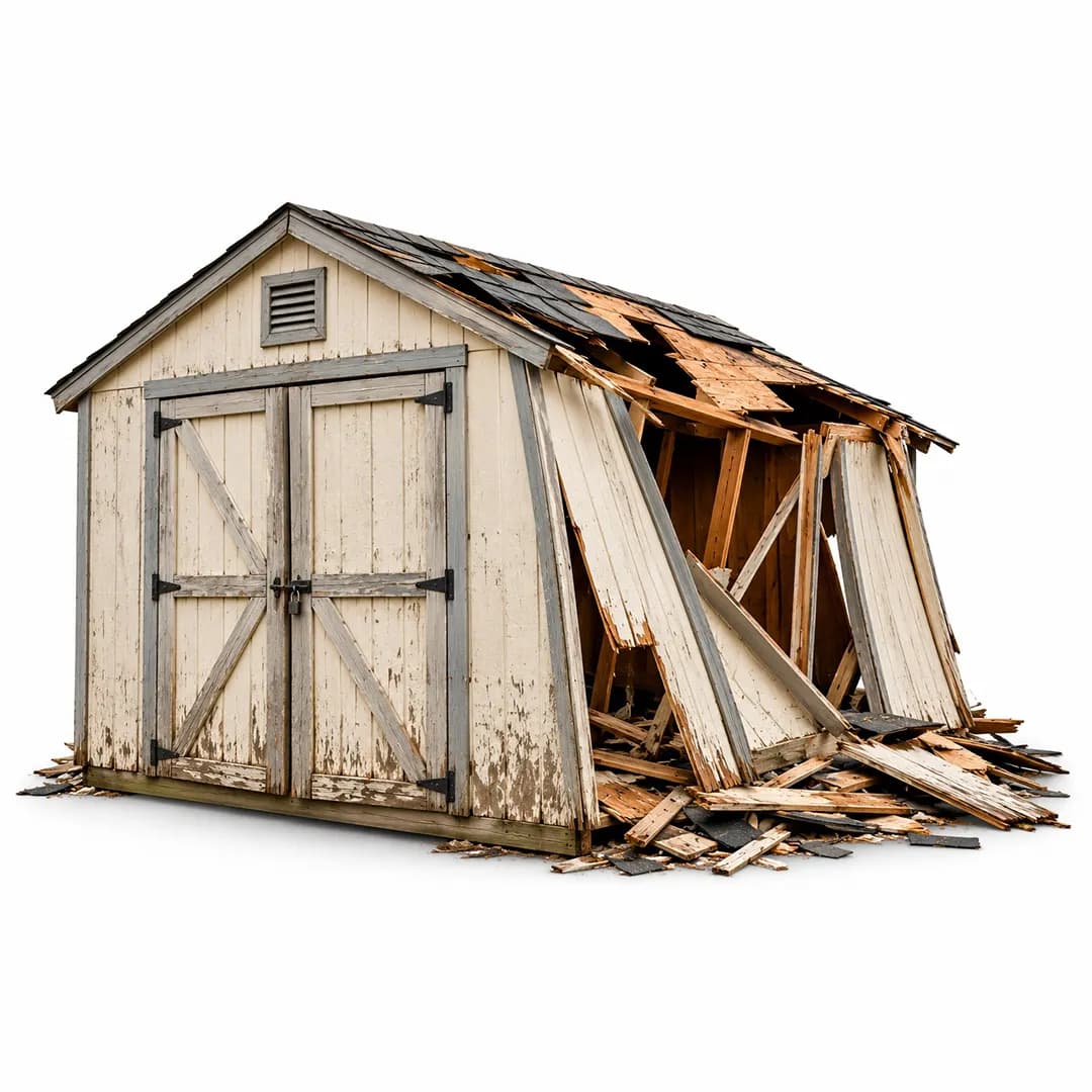 Weathered shed with a damaged roof and loose boards on a white background