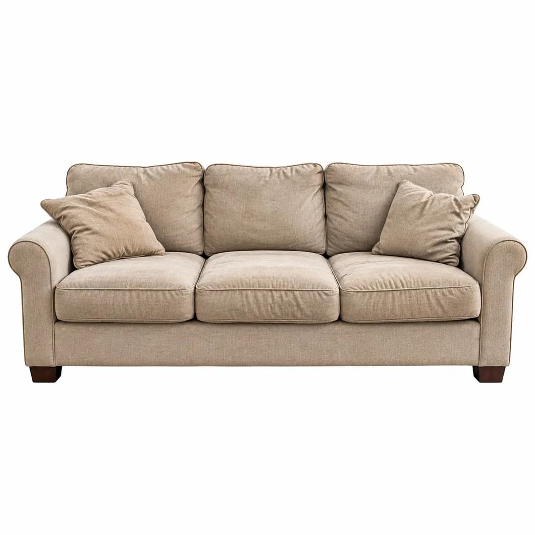 Beige three-seat sofa on a white background